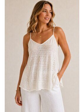 Lilly Pulitzer White Linen Pointelle knit Tank Top size Small V neck Layering